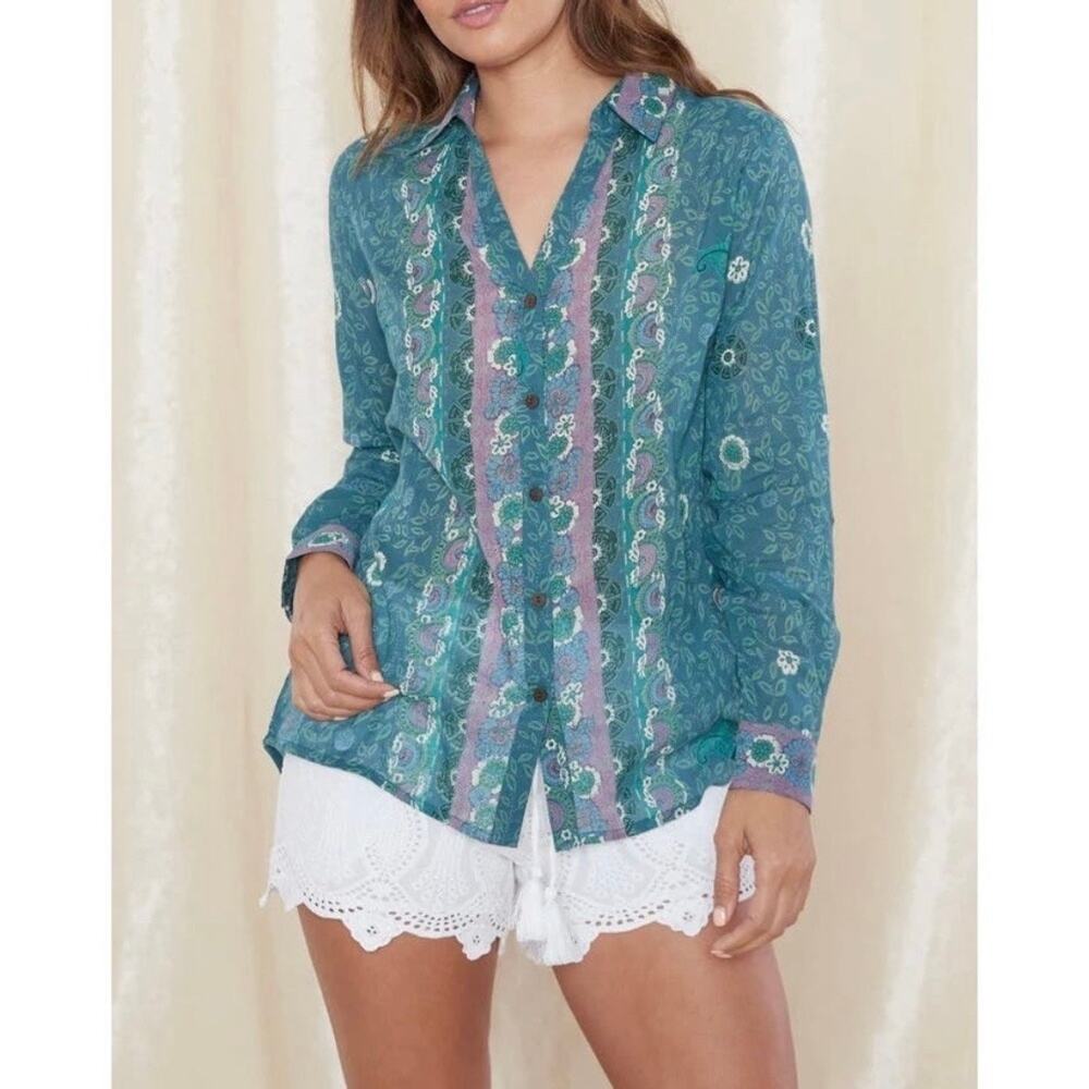 Anthro Raga Manisha Green/Blue Boho Floral Cotton Button Down - size XS